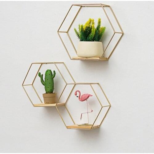Nordic Hexagonal Iron Stand Storage Holder Wall-mounted Multifunctional Geometric Firm Hexagonal Shelf for Home Wall Decor Shelf