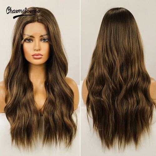 CharmSource Front Lace Wigs Synthetic Long Brown Natural Wavy Wig for Black White Women Daily Wedding Cosplay Hair High Density