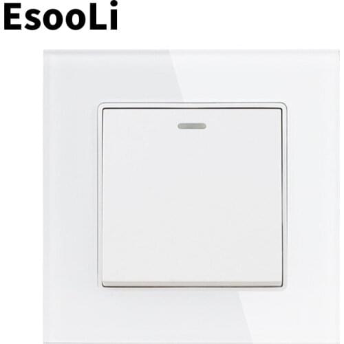 Esooli White Push button switch Luxury Crystal Glass Panel 1 Gang 1 Way Wall Light Button Switch On / Off Wall Switch 16A 250V