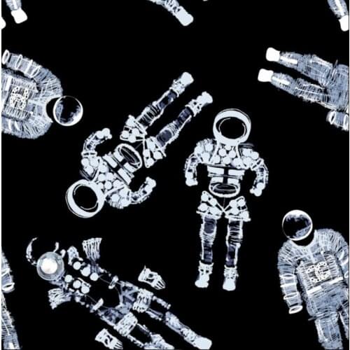 Polyester satin fabric customized French brand designer series black bottom robot pattern fabric for skirt pants clothes sewing