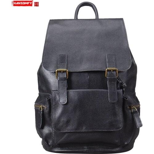Classic Wild Leather Backpack Women Schoolbag Female Genuine Leather Retro Casual Laptop Backpack First Layer Cowhide Ladies Men