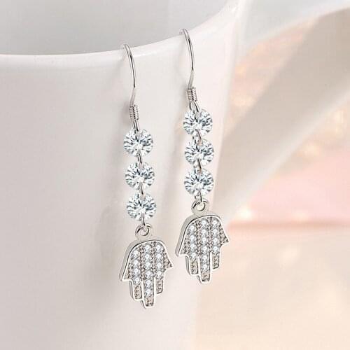 925 Sterling Silver Crystal Fatima Hamsa Hand Drop Earring For Women Wedding Party Elegant Jewelry eh953