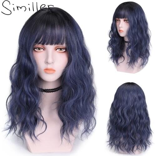 Similler Women Long Hair Synthetic Ombre Wigs for Daily Use Dark Root Black Brown Blue Wig with Bangs