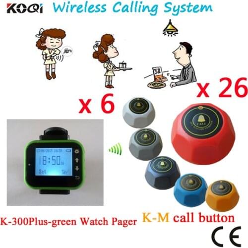 Restaurant Waiter Buzzer System For Hotel Call Button Watch Pager Any Language Any LOGO Acceptable(6 watch+26 table call )