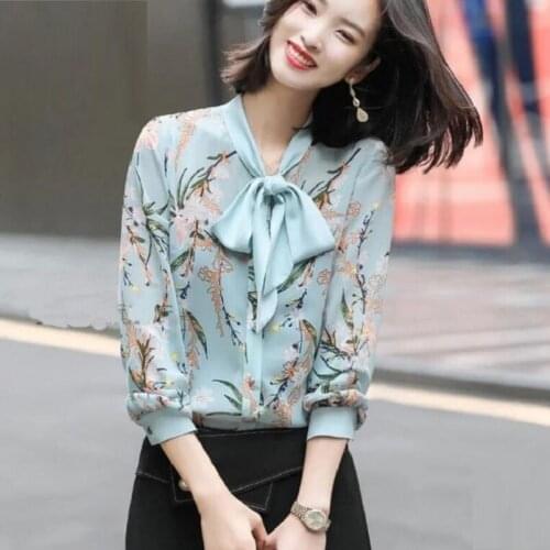 Bow Tie Collar Tops Korean Work Shirt Women Floral Print Shirts Casual Long Sleeve Blouses Women Office Blouse Blusas Mujer