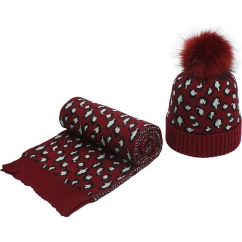 Women Winter Knitted Warm Beanie Hat and Scarf Set Vintage Leopard Print Fluffy Pompom Cuffed Skull Cap Thicken Shawl