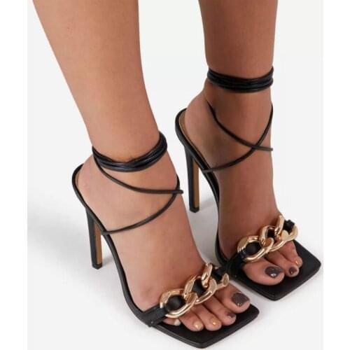 New New High Heel Women Shoes Metal Chain Straps Square Toe Large Size Female Sandals Sexy Lace-up Open Toe Woman Sandalias