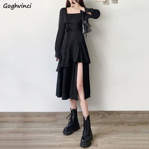 Dresses Women Long-sleeve Casual Ruffles Asymmetrical All-match Streetwear Design Cool Girls Side-slit Female Ulzzang Chic Ins