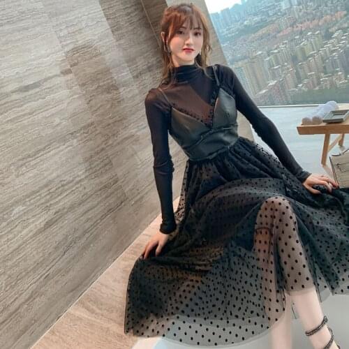 2021 Spring Winter Sexy Two Piece Set for Woman Black Turtleneck Basic Blouse and Pu Leather Patchwork Polka Dot Slip Dress Lady