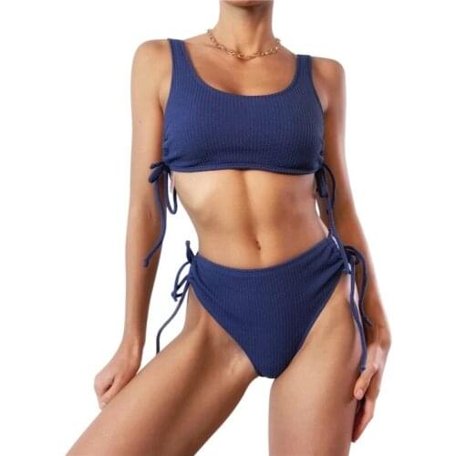 Women Navy Blue 2pcs Bikini Set Low Square Neck Drawstring Tank Tops With Side Tie Triangle Bottoms Bikini Swimsuits For Women