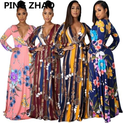 PING ZHAO 2021 Women Summer Long Maxi Dress Full Sleeve Floral Print Sexy Party Night Club Beach Elegant Dresses Vestidos