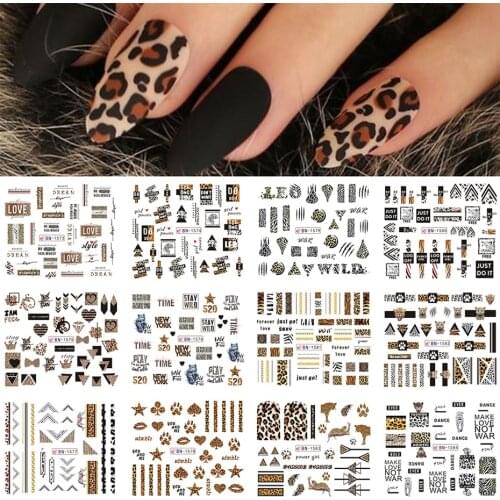 12pcs Leopard Sexy Animals Stickers for Nails Letter Designs Water Tattoo Foil Nail Art Decals Gel Polish Slider GLBN1573-1584-1