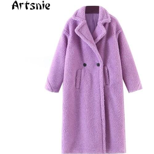 Artsnie Winter 2020 Turn Down Collar Teddy Coats Women Double Breasted Pockets Coats Female Oversized Warm Red Coats Mujer