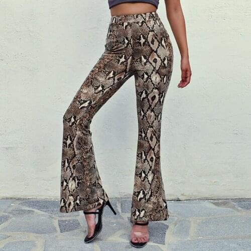 Design High Waist Women Snakeskin Leopard Pants Wide Leg Long Flare Bell Bottom Trouser Fashion Ladies Autumn Pants