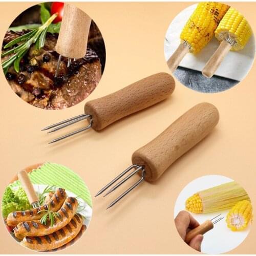 Stainless Steel Corn Cob Grip Holders Corn Forks with Wood Handle Fruit Holder Barbecue Grill Food Prongs Skewers Sticks