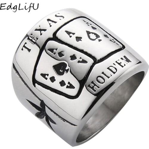 EdgLifU Spades A Heart Shaped Poker Rings for Men Stainless Steel Texas Hold'em Design Personality Rings Silver Black Men Ring