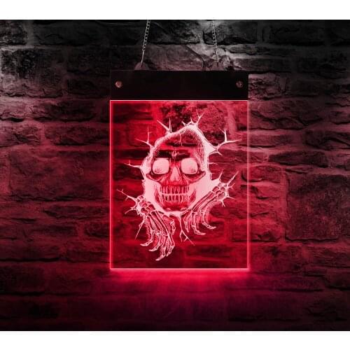 Cracked Evil Skull Head LED Lighting Sign Halloween Holidays Display Electronic Lighted Acrylic Light Board For Man Cave Decor