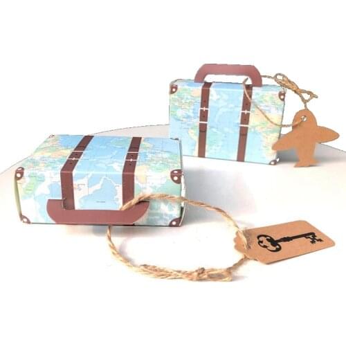 New Creative Suitcase Wedding Retairment Party Gift Carton Map Travel Retro Kraft Paper Airplane Candy Box with Tag and Twine