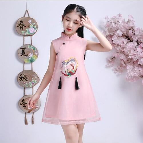 Lovely Girls Summer Sleeveless chiffon cheongsam Dress Cute Princess Girls Embroidery Dresses Kids Party Evening Wedding Dress