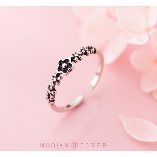 Modian Spring Simple Stackable Flower Open Free Size Finger Rings for Women 925 Sterling Silver Vintage Plant Ring Fine Jewelry