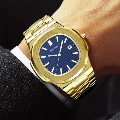 Glod Blue Watch Men Stainless Steel Geneva Luxury Bussiness Fashion Top Brand Calendar Quartz Watch For Men Relogios Masculinos