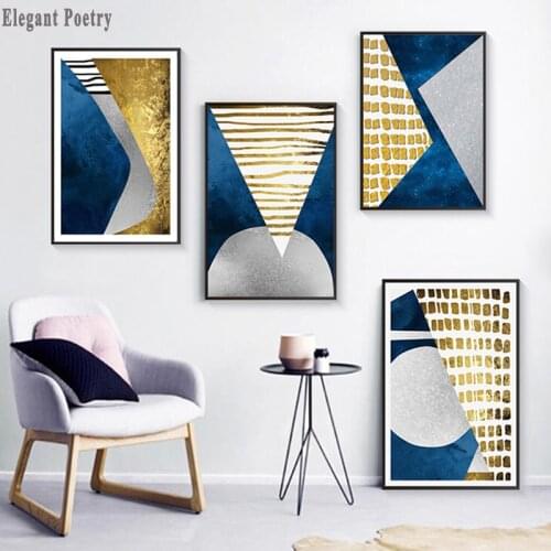 Geometric Blue Golden Canvas Posters and Prints Abstract Painting Nordic Style Wall Pictures for Living Room Modern Home Decor