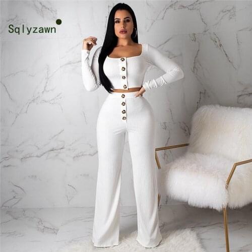 Autumn Women Knitted Rib Sexy 2 Piece Set Women 2019 Winter Casual White Matching Sets Outfit 2 Piece Set Elegant Straight Pants