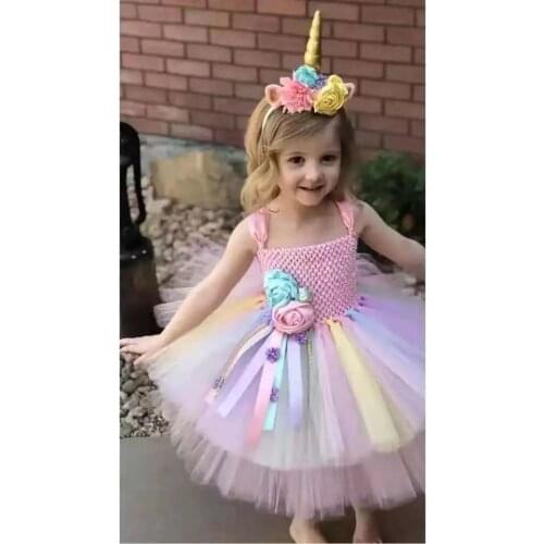 Girls Pink Unicorn Flower Tutu Dress Kids Fluffy Tulle Dress Ball Gown Birthday Party Halloween Unicorn Tutu Costume