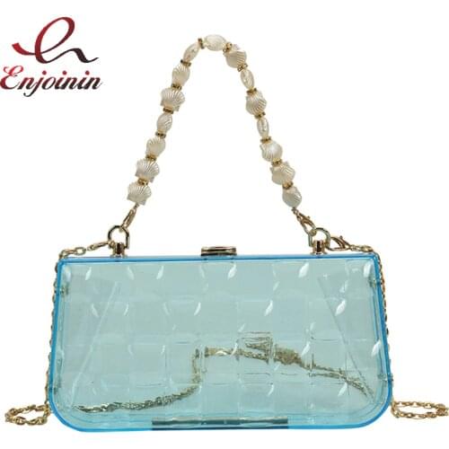 Geometric Pattern Acrylic Box Party Clutch for Women Fashion Chain Shoulder Bag Purses and Handbags Shell Beaded Wrist Strap