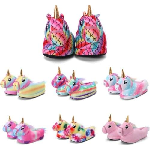 Winter Couple Cartoon Unicorn Cotton Slippers Girl Cute Soft Bottom Bedroom Shoes Ladies Warm Comfortable Home Non-Slip Slides