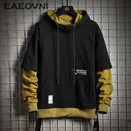 EAEOVNI Patchwork Hoodie Men High Street Harajuku Hooded Sweatshirts Mens Letter Print Hoodies Streetwear Hip Hop Pullover