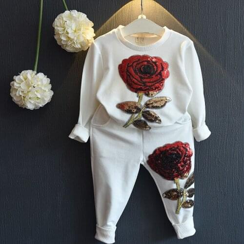 Spring Fashion Clothing Rose Girls Set Glitter Kids Clothes Set Kids Casual Baby Girls Long Sleeve Top and Pants Set