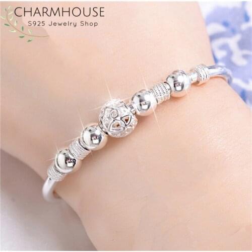 Pure Silver Cuff Bangles For Women Exqusite Bead Bracelet & Bangles Pulseira Femme Wristband High Quality Jewelry Accesories