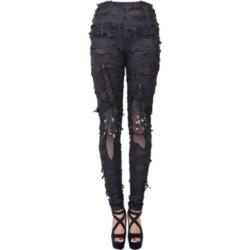 Gothic Steampunk Women Pants Tight Black Pants Womens Do Old Skull Hole Pants Trousers Women Long Pants Capris Large Sizes
