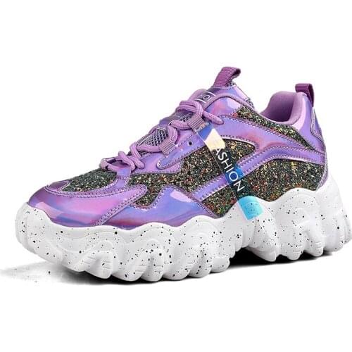 Sneakers Women 2021 Fashion Platform Vulcanized Shoes Bling Breathable Chunky Sneakers Purple Size 41 Zapatillas Mujer