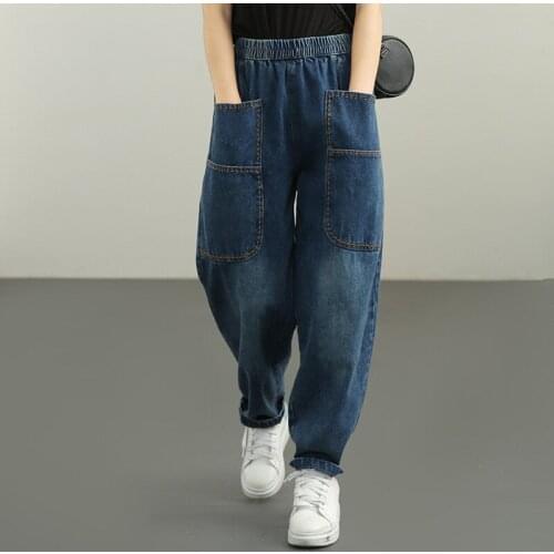 Johnature Women Casual Jeans Denim Elastic Waist Patchwork Multi Panel Pockets Pants 2021 Autumn New Solid Color Loose Trousers