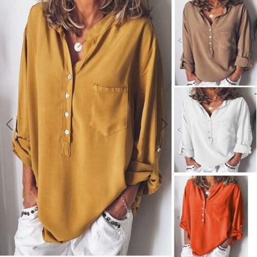 Womens Sexy V-neck Hirts 2021 Autumn Chiffon Loose Top Fashion Long Sleeve Pocket Button Pullover European And American Style