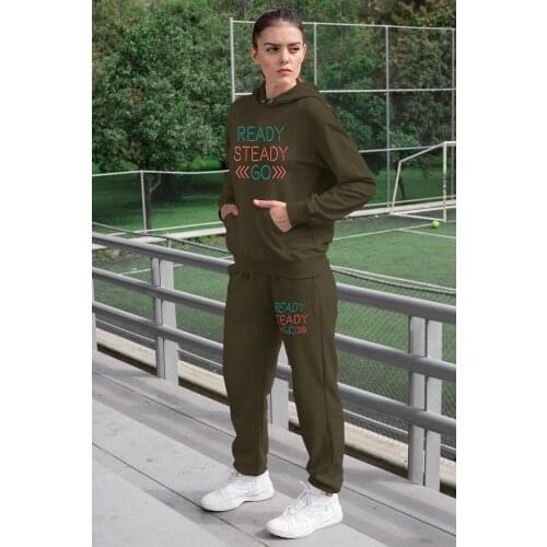 Angemiel Wear Ready Steady Women Tracksuit Set Green Hooded Sweatshirt Green Sweatpants