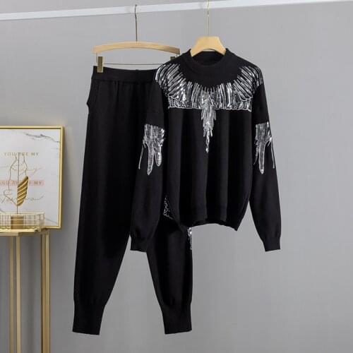2021 Luxury Sequined Knit Women Clothes Fashion Tracksuits Y2K Oversized Pullover Sweaters 2 Pieces Harem Pant Sets Outfits