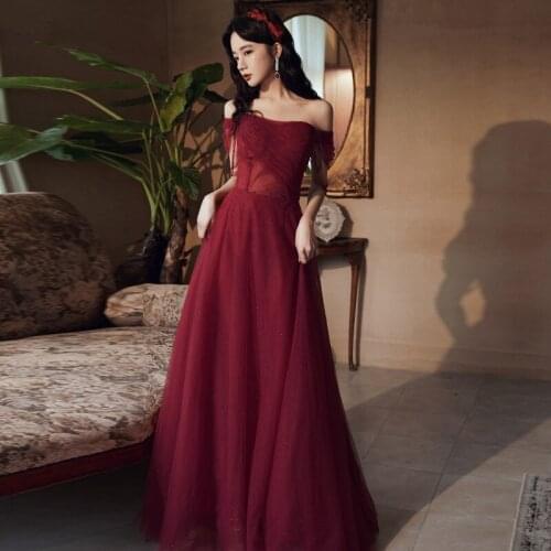 2021 Boat Neck Wine Red Toast Dress Bride Elegant Temperament Banquet Evening Dress Retro Wedding Vintage Prom Dress Women A133
