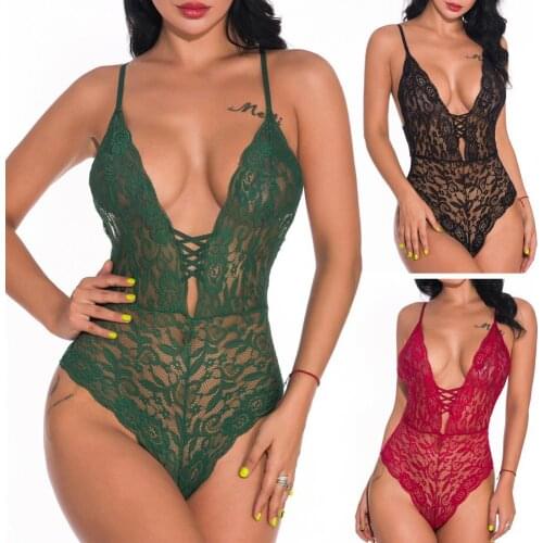 Women Sexy Solid Color See Through Deep V Lace Temptation Bodysuit Sleepwear Regular Size See Through Female Bodysuits