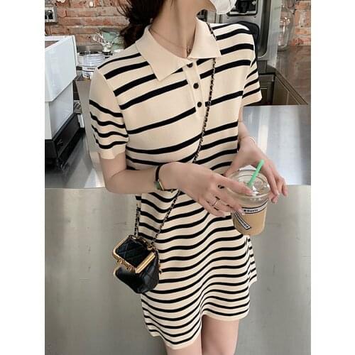 Knitted T-shirt skirt ice linen dress summer leisure show thin straight stripe polo collar short sleeve women