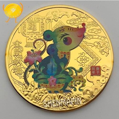 2020 Year of The Mouse Commemorative Coin Three-dimensional Blessing Fu Gold Coins Color Lucky Mouse Cartoon Coins Collectibles