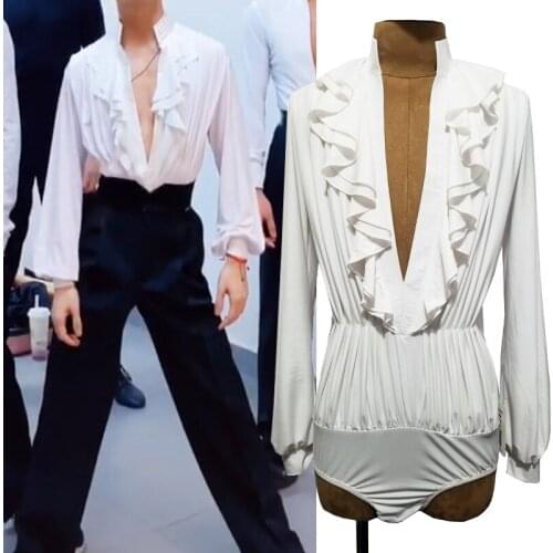 2021 Mens White Latin Competition Tops Adult Cha Cha Rumba Dance Costumes Long Sleeves Bodysuit Latin Practice Wear DNV15146