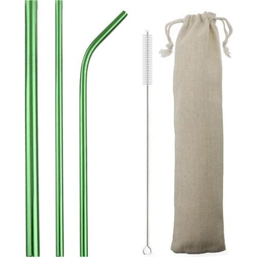5-Pcs Eco Friendly Reusable Straws Set 304 Stainless Steel Straw Metal Smoothies Green Drinking Straws Set with Brush Pouch Bag