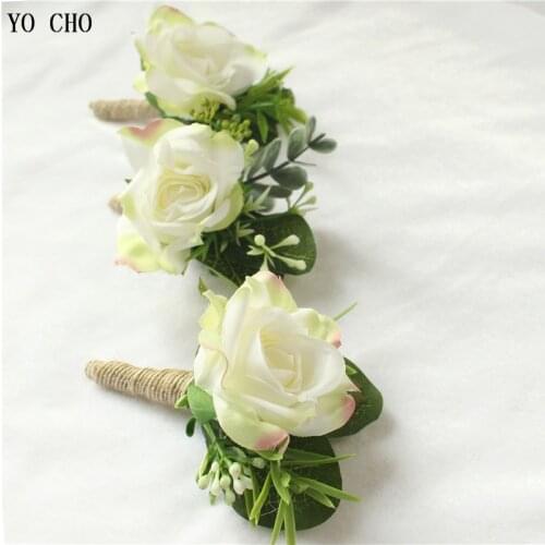 YO CHO White Silk Flowers Groom Boutonniere Man Boutonniere Corsage Wedding Buttonhole Wedding Marriage Corsage Pins Brooches