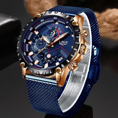 LIGE Casual Mens Watches Top Brand Luxury Wrist Watch Quartz Clock Blue Mesh Belt Watch Men Waterproof Watches Reloj Hombre 2019