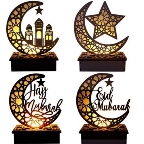 Wooden Islamic Eid Mubarak Ramadan Karul Festival Moon Hollow Letters With LED Light Decoration Crafts