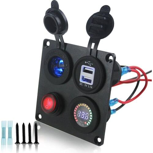DIY Dual USB Charger 3.1A Color Voltmeter Power Outlet ON-OFF Switch Four Functions Panel for Car Boat Marine RV Truck Camper