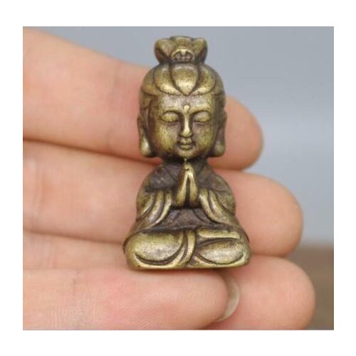Mini ) Delicate Chinese Old-style Brass Carved Guanyin Bodhisattva Small Buddha Auspicious Statue